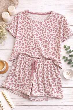 Jaclyn Intimates Women's Pink Mauve Leopard Print Ribbed Pajama Short Set Size L